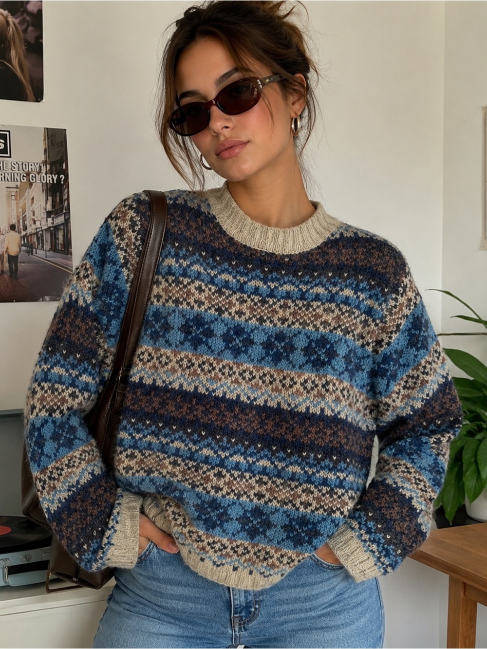 Vintage Carolyn Taylor Blue and Beige Fair Isle Crewneck Sweater Y2K granny XL